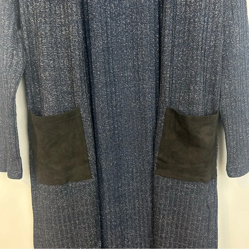 NWT Yelete Navy Blue/Black Metallic Open Front Long Lightweight Cardigan Small